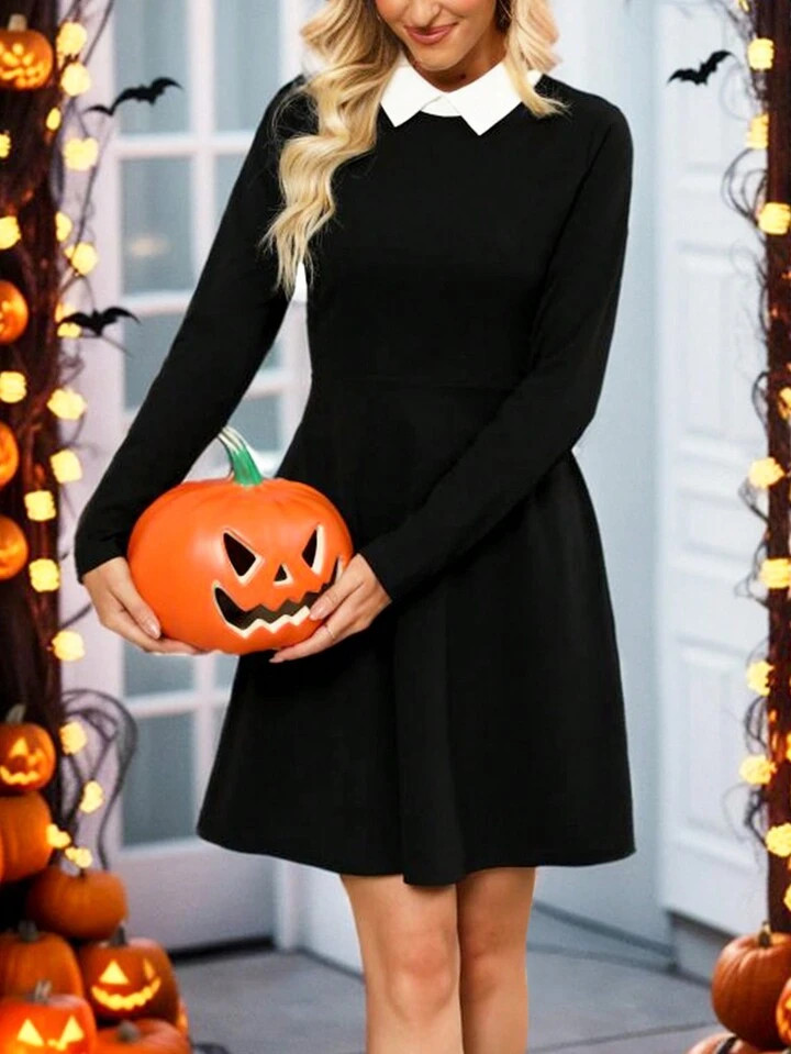 Halloween Wednesday Cosplay Costumes Peter Pan Collar Adams Black Dress Long Sleeves | SHEIN
