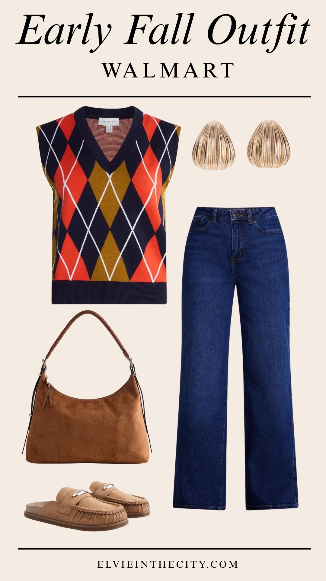 This early fall outfit from Walmart includes an argyle v-neck sweater, wide leg jeans, slip on mules, brown top zipper shoulder bag, and gold-toned earrings. 


Walmart finds, fall outfits, over 50 style, midlife fashion, petite fashion,midlife women, affordable fashion, fashion over40