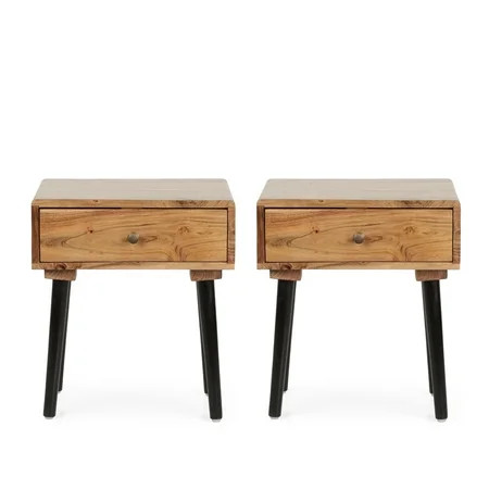 Noble House Rabun Wood Handcrafted Side Table with Drawer Set of 2 Natural and Black | Walmart (US)