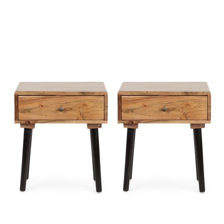 Noble House Rabun Wood Handcrafted Side Table with Drawer Set of 2 Natural and Black | Walmart (US)