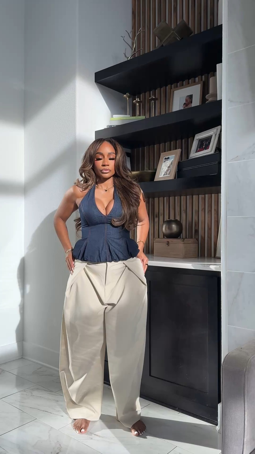 denim halter tap pair with pleated tan cargo pants! Pants come in multiple colors!

#LTKMidsize #LTKootd