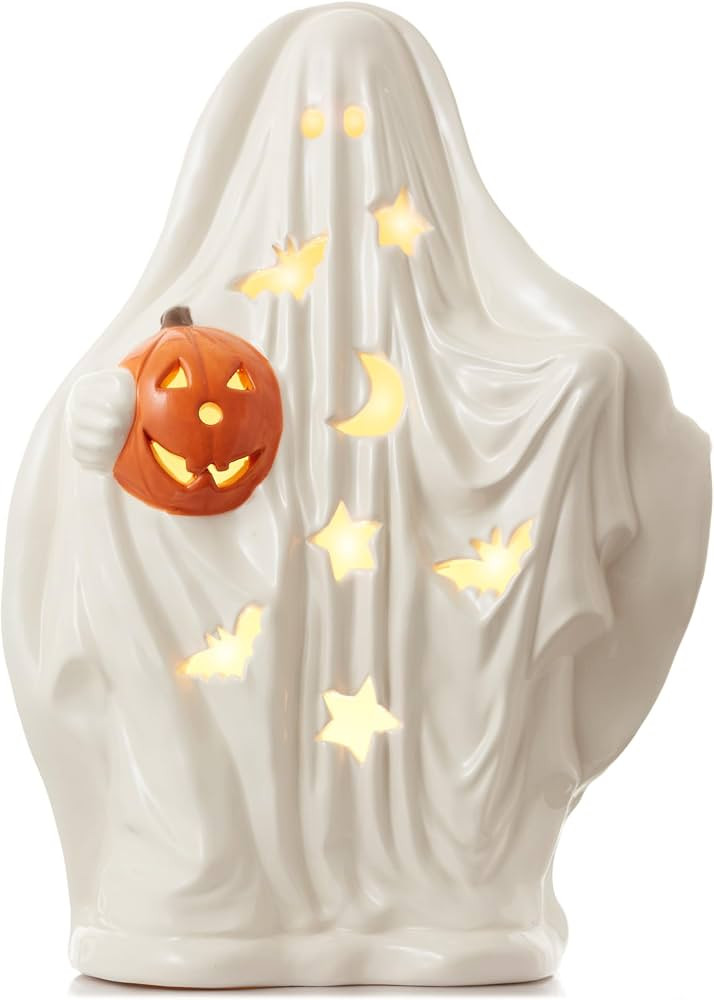 Casafield Ceramic Halloween Ghost with Pumpkin, Hand Painted 14-Inch Pre-Lit LED Scary Ghost Tabl... | Amazon (US)