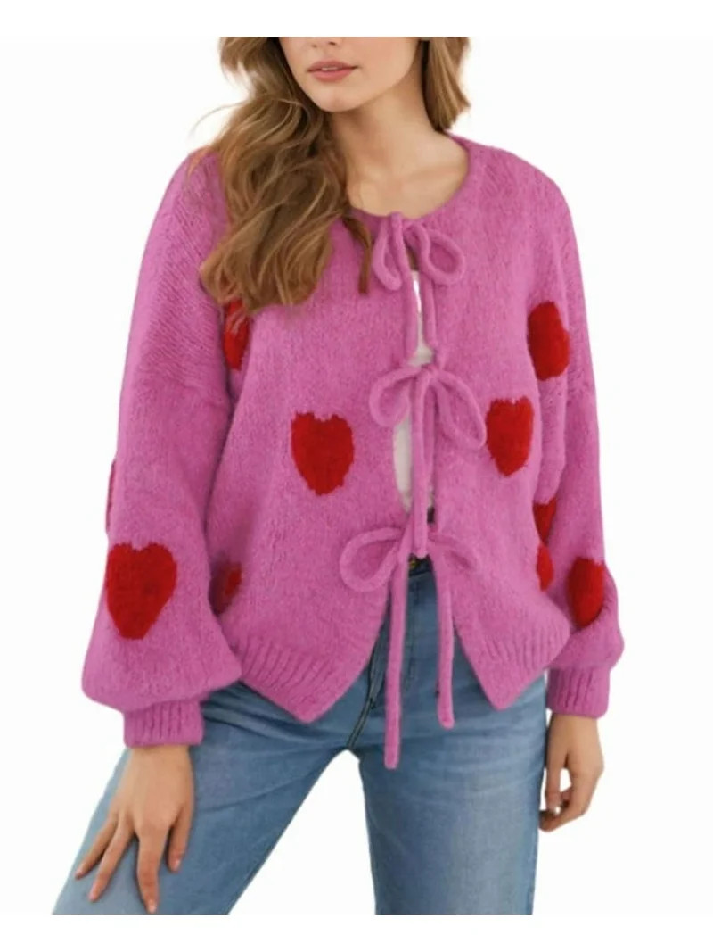 Valentine Cardigans for Women Cute Heart Printed Bow Tie Open Front Puff Sleeves Cardigan Sweater... | Walmart (US)