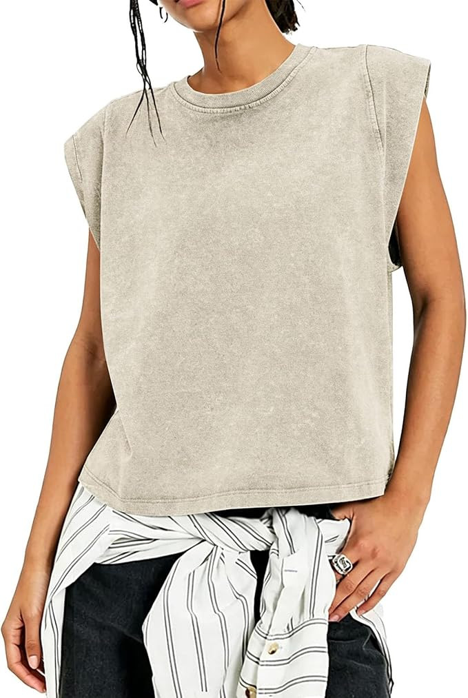 Acid Wash Womens Tank Tops Oversized Cap Sleeve Crew Neck T Shirts Cotton Vintage Muscle Tee Stre... | Amazon (US)