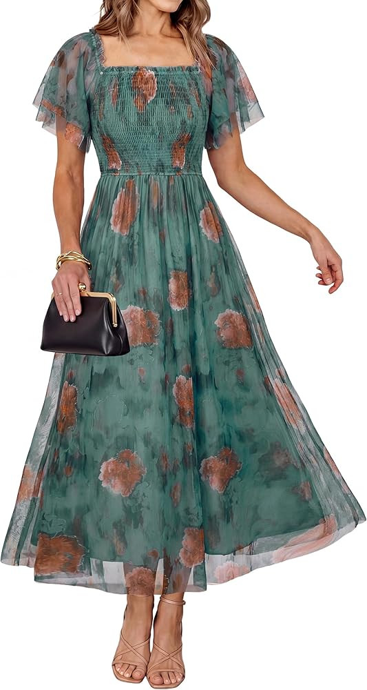 Simplee Womens Floral Maxi Dresses 2026 Summer Square Neck Mesh Short Sleeve Smocked Boho Flowy W... | Amazon (US)
