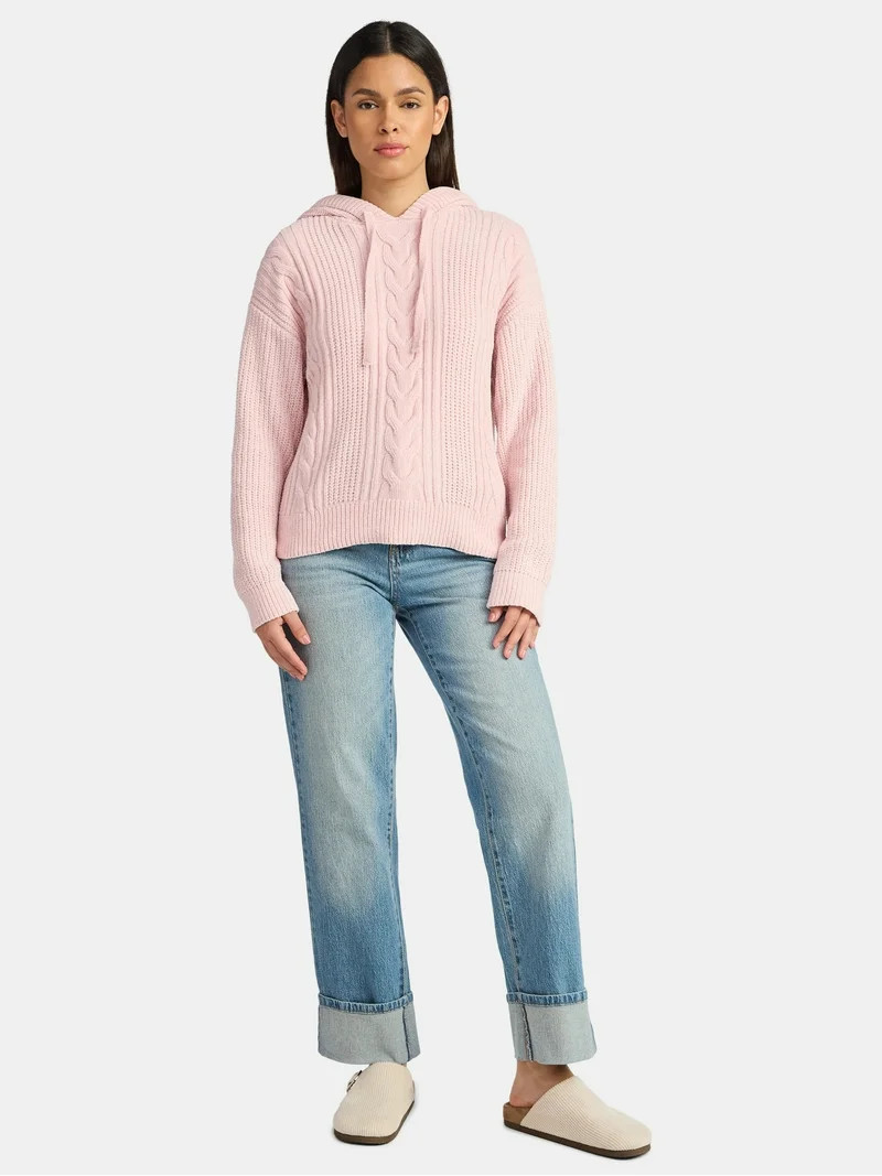 Time and Tru Women's Velveteen Hoodie Pullover Sweater with Long Sleeves, Sizes XS-XXXL | Walmart (US)