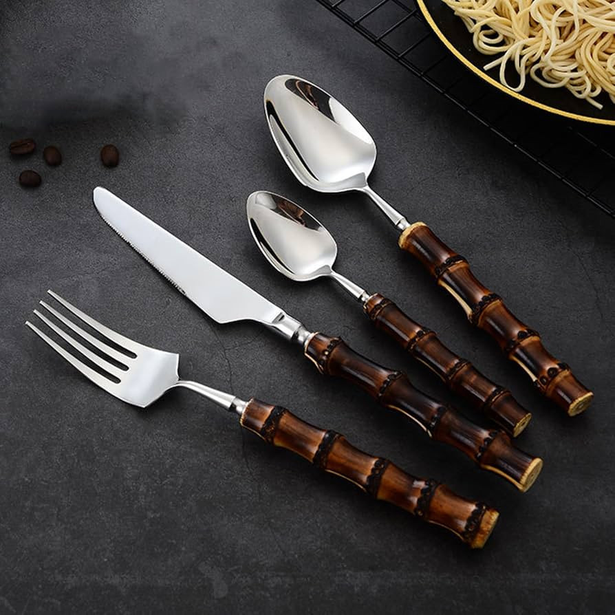 Wood Bamboo Silverware Set for 10 Cutlery Flatware Set Elegant Tableware Stainless Steel Cutlery ... | Amazon (US)