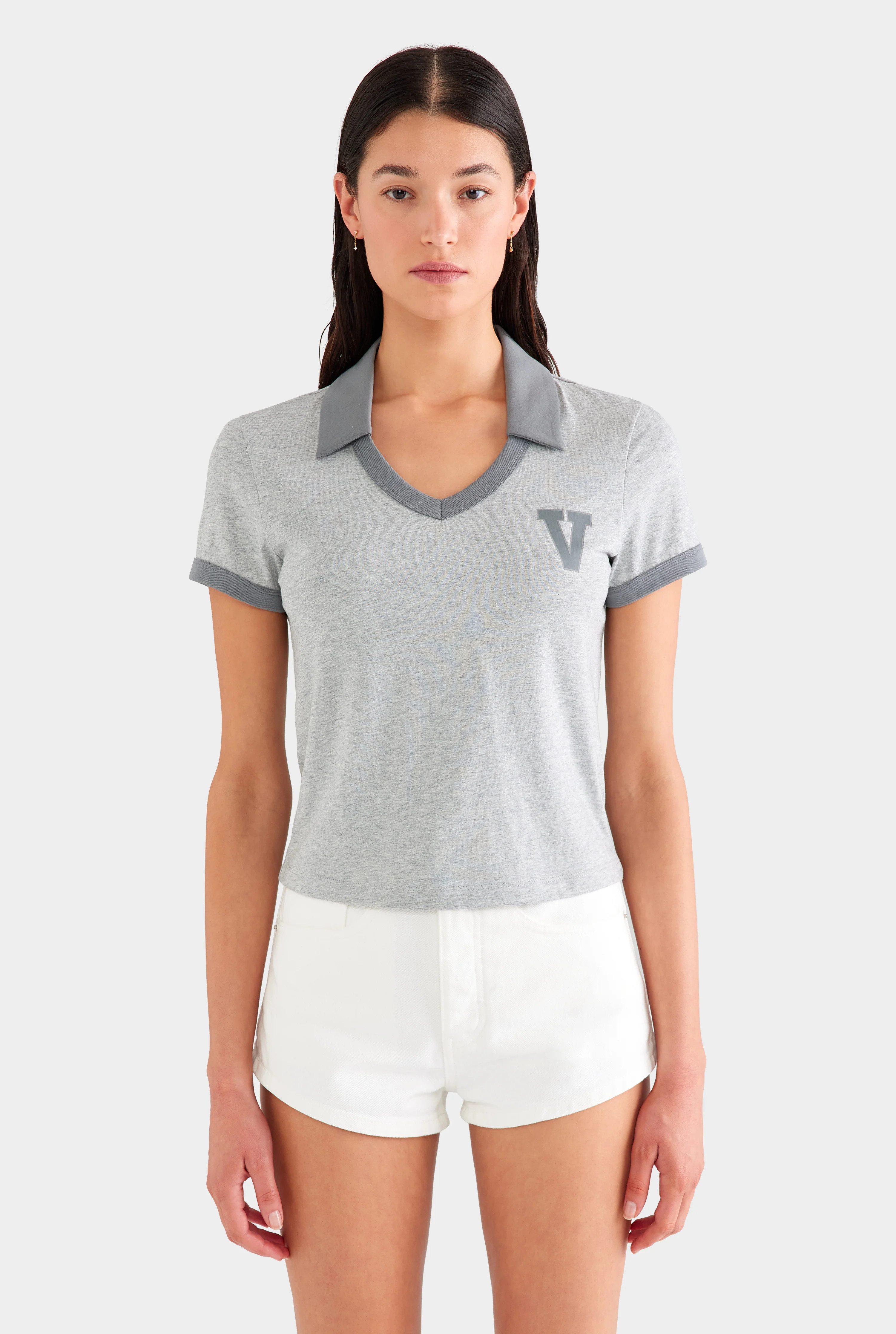 Womens Collared V Neck Tee in Grey Marl | Venroy | Venroy AU