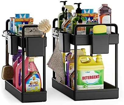 2 Pack Under Sink Organizer, 2 Tier Kitchen Under Sink Cabinet Organizers and Storage with Cups a... | Amazon (US)