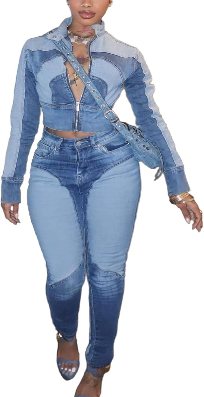 VOIKERDR Denim Two Piece Outfits for Women Long Sleeve Cropped Jacket and Jeans Set Y2K Clothes | Amazon (US)