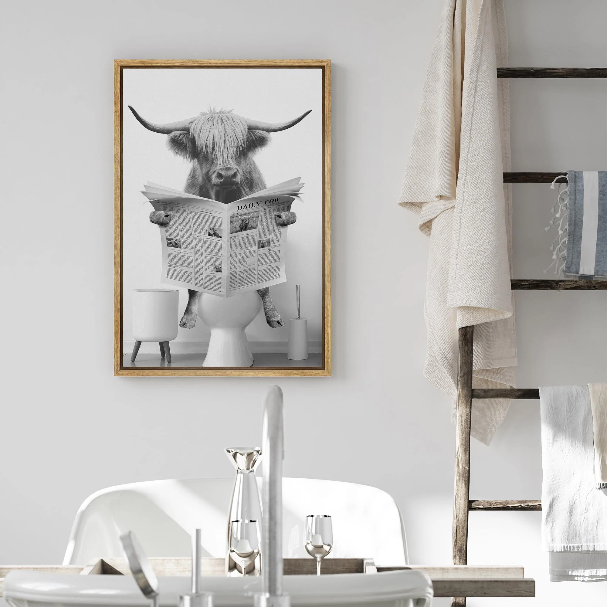 Animals Funny Bathroom Decor Black and White Highland Cow Sit On Toilet Large Framed Canvas Print... | Wayfair North America