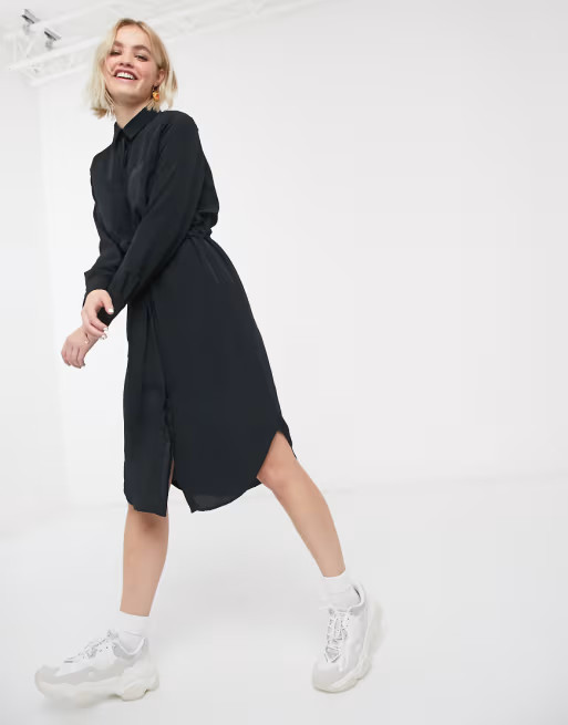 Monki Felice long sleeve midi shirt dress in black | ASOS US