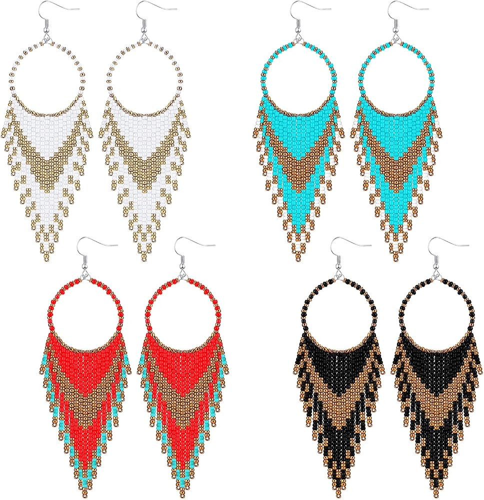 BBTO 4 Pcs Long Beaded Tassel Earrings Bohemia Colorful Native Handmade Statement Fringe Drop Ear... | Amazon (US)
