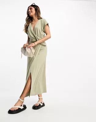 ASOS DESIGN drape wrap front midi tea dress in sage | ASOS (Global)