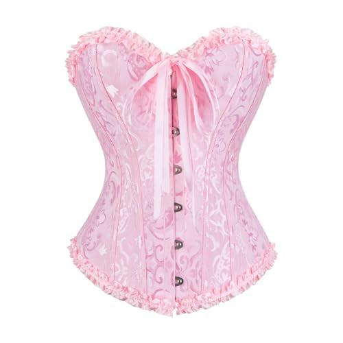 frawirshau Women's Lace Up Boned Overbust Corset Bustier Bodyshaper Top Pink XL | Amazon (US)
