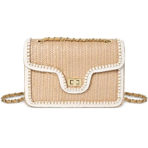 OWGSEE Straw Crossbody Bags for Women, Summer Fashion Straw Purses and Handbags Shoulder Raffia Clutch Bags with Pearls (M, Khaki) | Amazon (US)