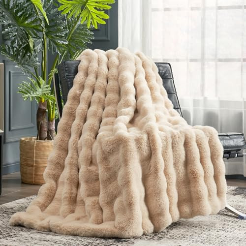 Cozy Bliss Faux Fur Throw Blanket for Couch, Fuzzy Soft Plush Thick Bubble Blanket for Sofa Bedroom Living Room, 50 * 60 Inches Beige | Amazon (US)
