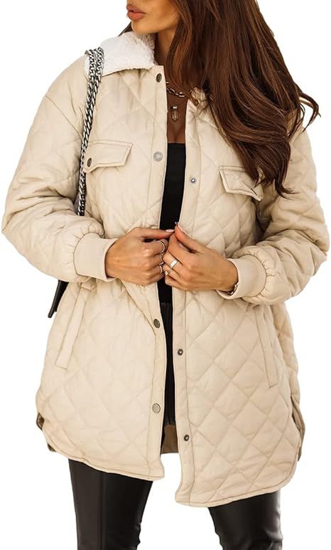 Veatzaer Womens Quilted Jackets Coat Teddy Collar Snap Closure Long Sleeve Warm Winter Outwears... | Amazon (US)