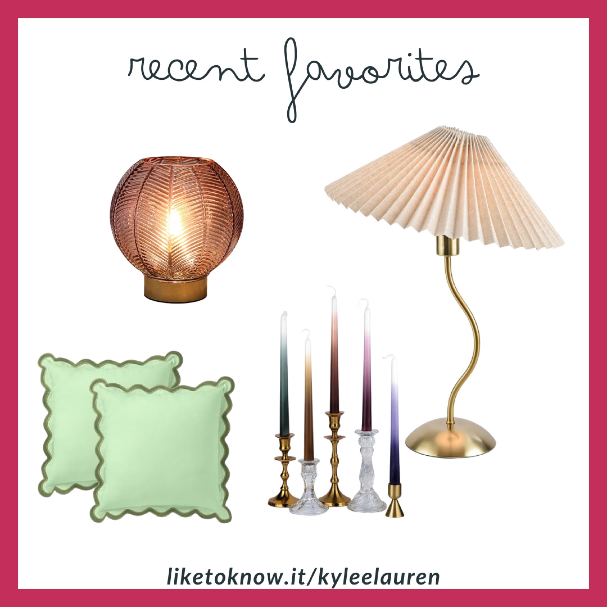 ✨ Cozy, colorful, and curated — here are my recent favorite home finds! From sculptural lamps to scalloped pillows and ombré taper candles, these pieces instantly elevate your space. Shop the look now on my LTK: liketoknow.it/kyleelauren 💡🕯️🛋️ #HomeDecorFavorites #LTKhome #InteriorInspo #CozyVibes #KyleeLaurenFinds #ColorfulHomeDecor #AmazonHomeDupes #ScallopedPillows #PleatedLampshade #TaperCandles #liketoknowit #ltklinkinbio