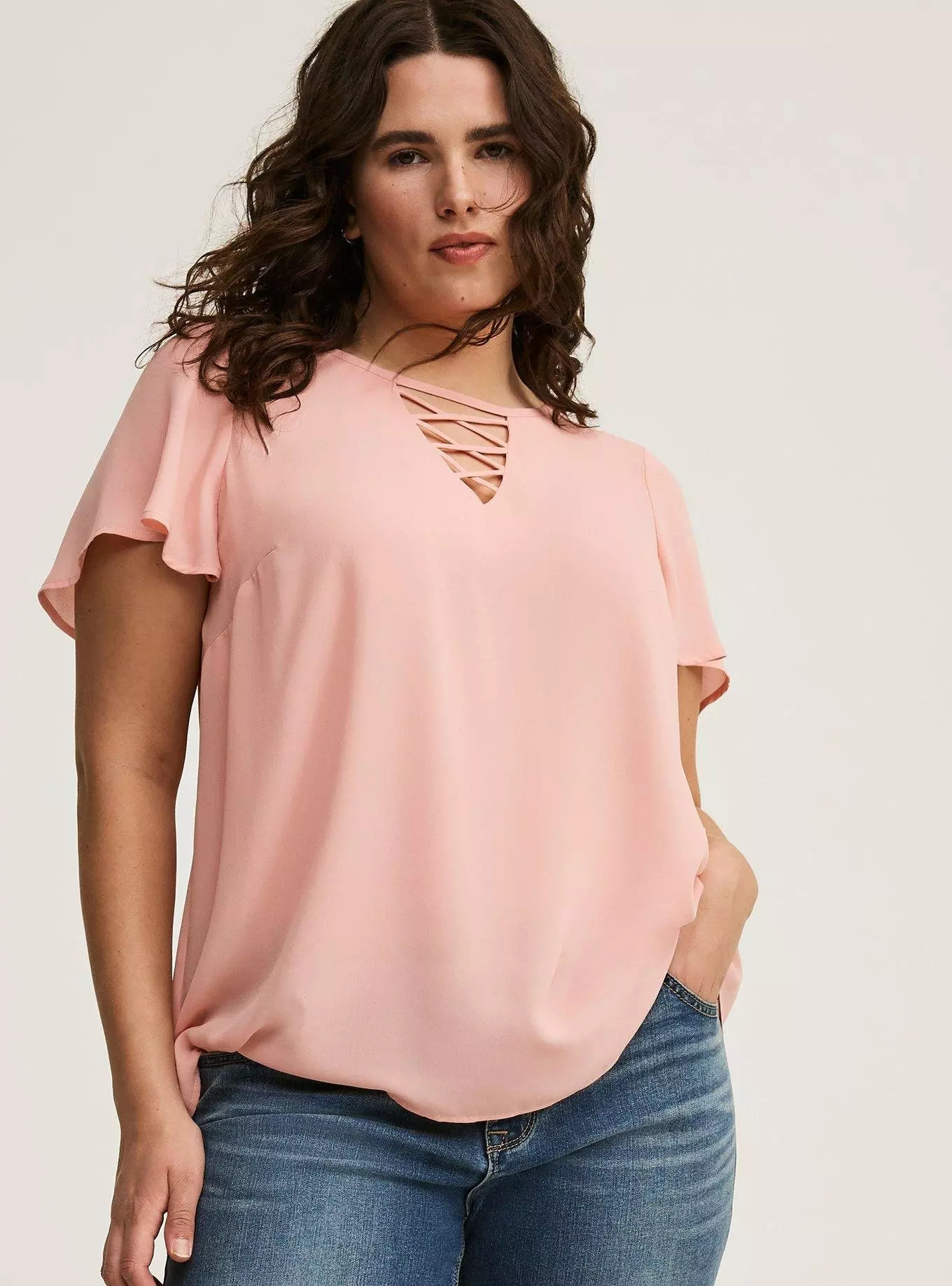 Georgette Lattice V-Neck Flutter Sleeve Blouse | Torrid (US & Canada)
