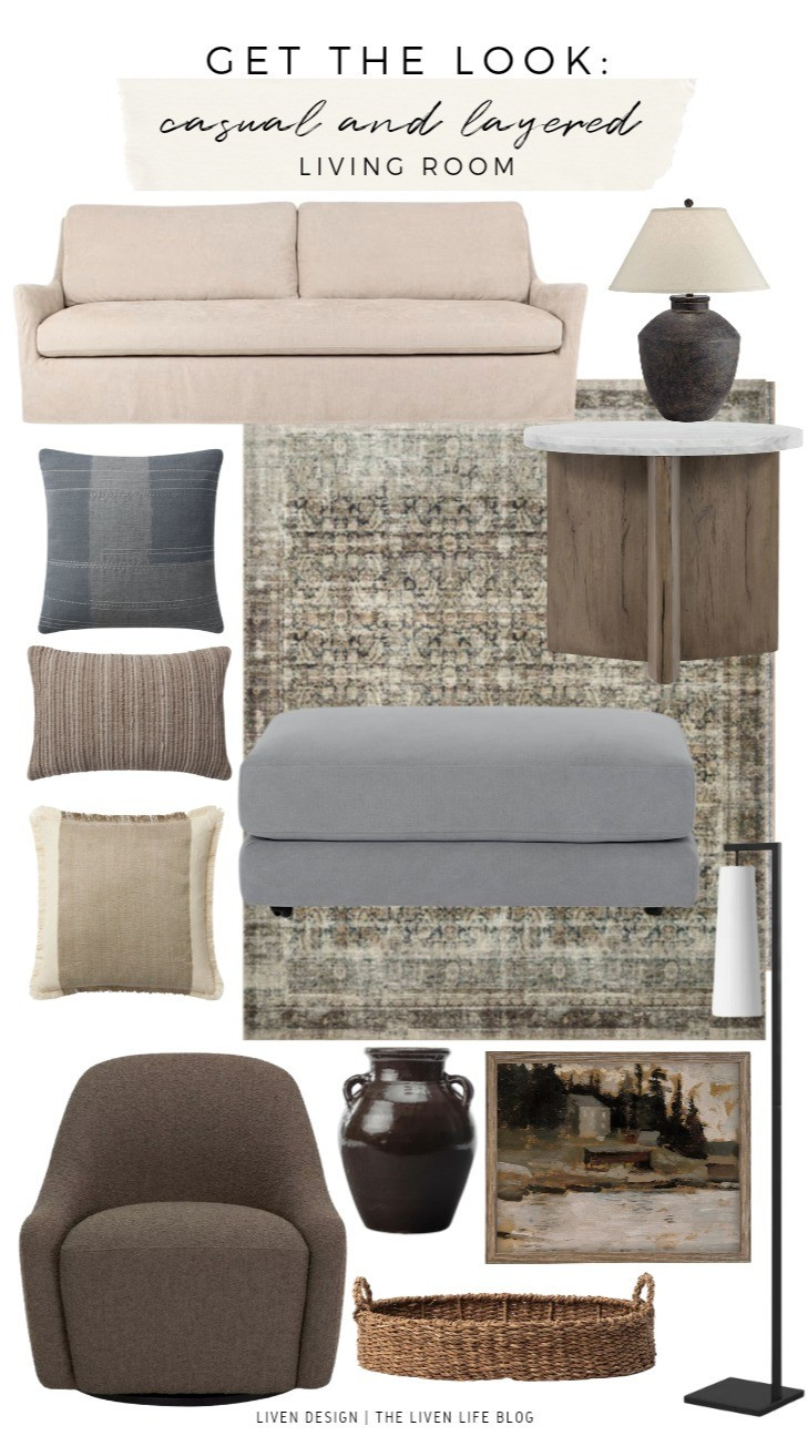 Casual layered living room. Home decor. Upholstered cocktail coffee table ottoman. Sofa. Upholstered armchair. Throw pillows. Ceramic lamp. Aged lamp. Distressed traditional vintage rug. Loloi rug. Marble wood side accent table. Black floor lamp. Woven tray. Glazed vase. Brown vase. Vintage landscape painting. Wall art. Home accents. 

#LTKSeasonal #LTKHome #LTKSaleAlert