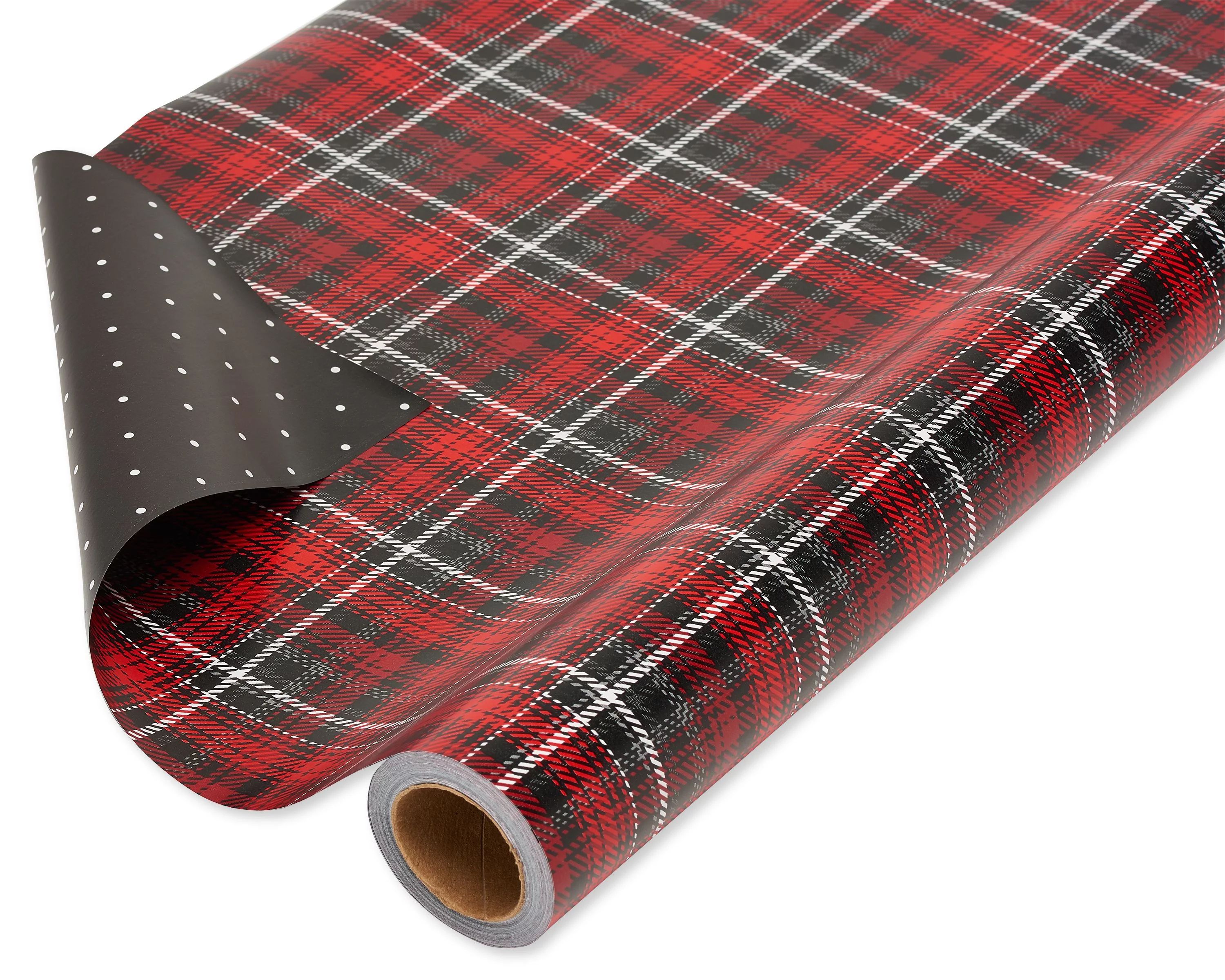 American Greetings Christmas Reversible Wrapping Paper, Red and Black Plaid and Black Polka Dots,... | Walmart (US)