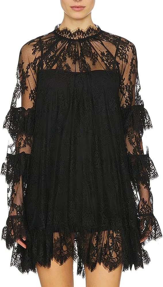 Women Lace Dress Sheer Long Sleeve Mini Dress Going Out Party Club Mesh Lace Overlay Dress Cover ... | Amazon (US)