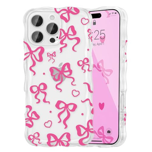 UEEBAI Cute Heart Bow Case for iPhone 16 Pro, Wave Ribbon Bows Phone Case Pretty Aesthetic Cover Cute Clear Shell Soft Bownot Phone Cover for Women and Girl - Hot Pink | Amazon (US)