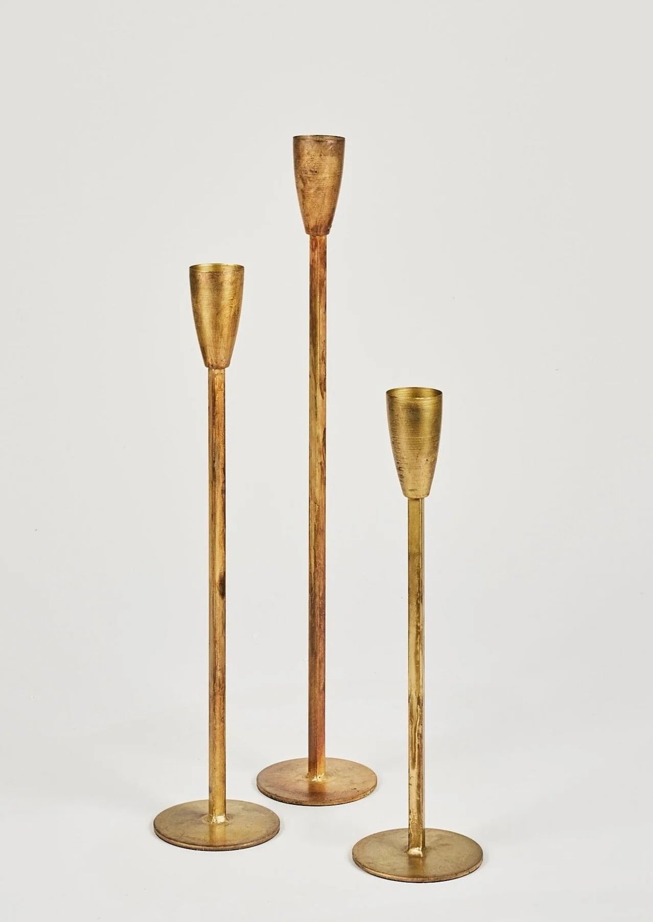 Set of 3 Antique Gold Taper Candle Holders - 15.75-23.75" | Afloral