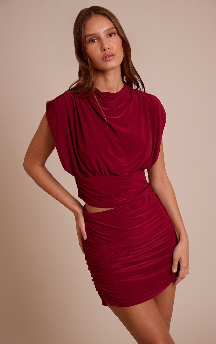 Burgundy Slinky Draped Top | PrettyLittleThing UK