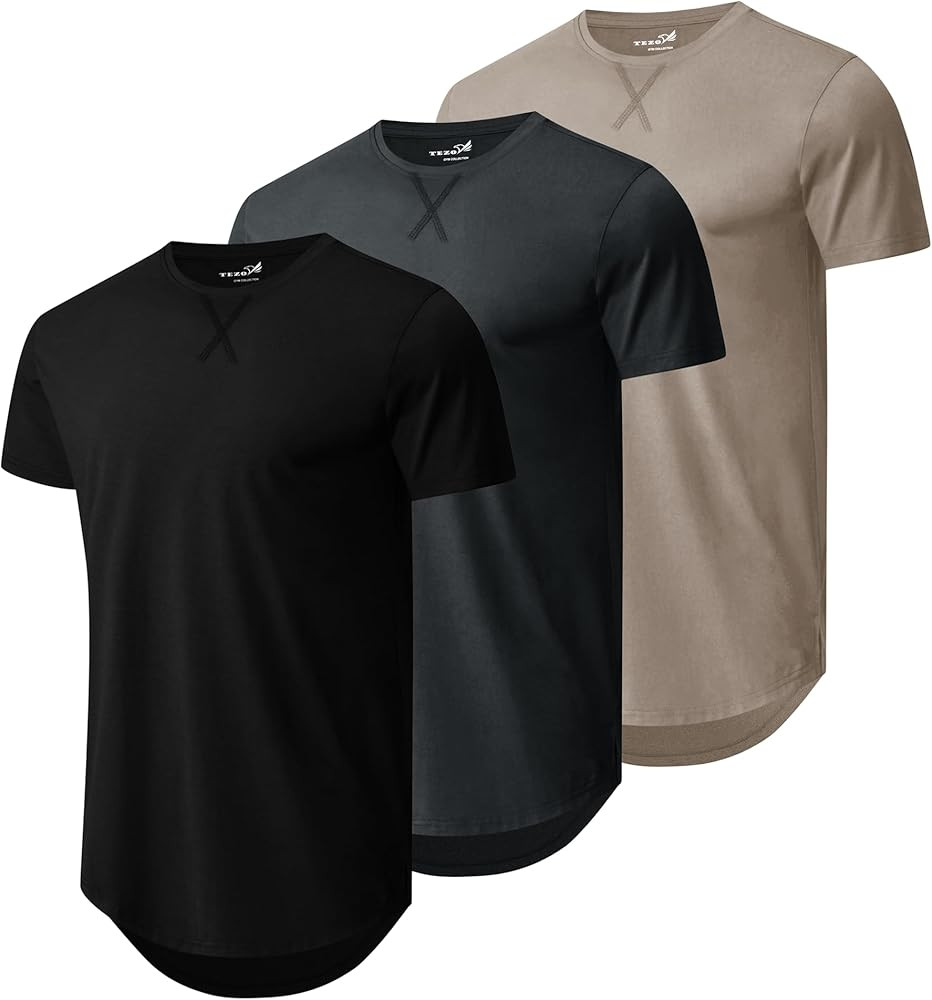 Mens 3 Pack Plain Cotton Shirts Short Sleeve Casual Crew Neck T-Shirts Hipster Hip Hop Longline T... | Amazon (US)