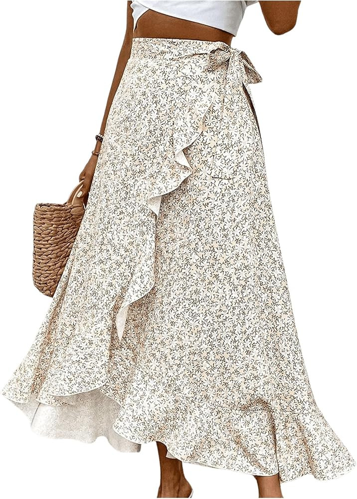 OYOANGLE Women's Floral Print Ruffle Skirts High Waisted Tie Side Wrap Flowy Long Skirt | Amazon (US)