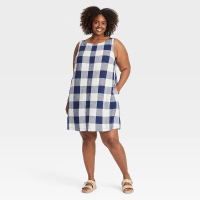 Women's Linen Woven Mini Shift Dress - Ava & Viv™ Navy Blue/White Gingham 4X: Plus Size, Midwei... | Target