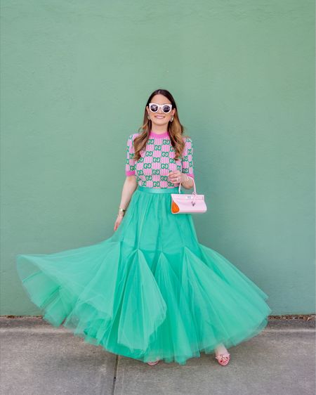 Pink and green sweater paired with a tulle skirt. Love this entire look for spring and special occasions.

#LTKstyletip #gucci #toryburch 

#LTKSeasonal #LTKwedding #LTKitbag