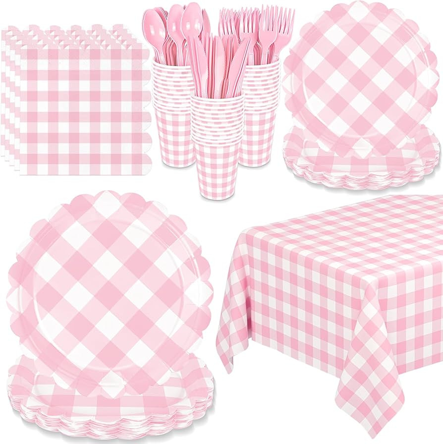 WNINK 176 PCS Light Pink Gingham Plates and Napkins, Pink Checkered Disposable Plates Set with Na... | Amazon (US)