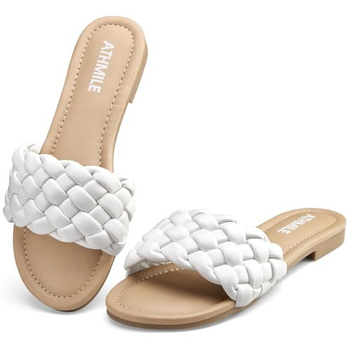 ATHMILE Braided Womens Sandals Round Open Toe Fashion Slide Sandals Women Dressy Summer Flat Beach White Size 9 | Amazon (US)