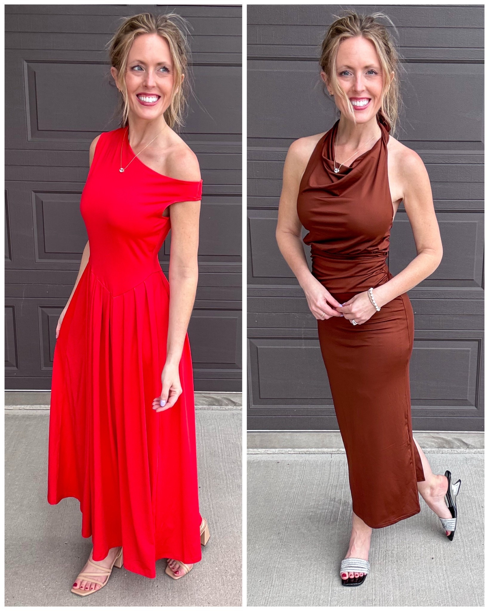 Absolutely love both of these spring maxi dresses! ❤️ Each would be perfect for a wedding guest dress! Wearing a small in both.

As an Amazon Influencer I earn commission on qualifying purchases.

Red dress, brown halter dress, wedding guest dress, spring fashion 2026, mom style, spring dresses

#LTKOver40 #LTKMidsize #LTKootd