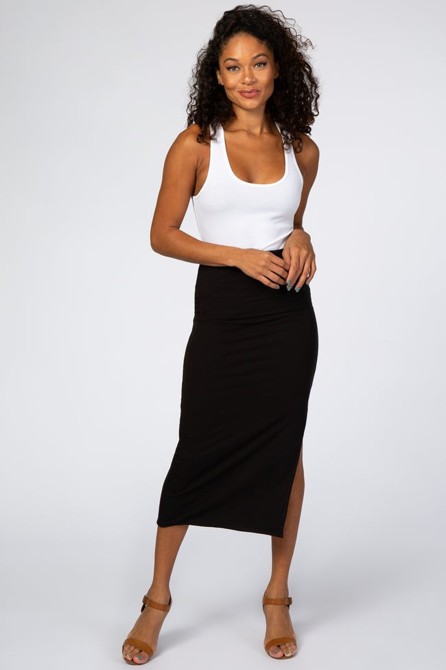 Black Ribbed Side Slit Midi Skirt | PinkBlush Maternity