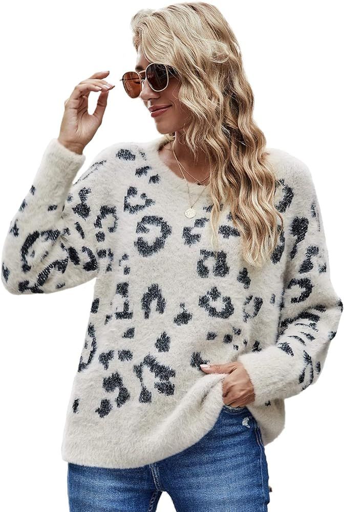 Women's Casual Leopard Crew Neck Loose Fit Sweater Long Sleeve Slouchy Pullover Knitted Fuzzy Jum... | Amazon (US)
