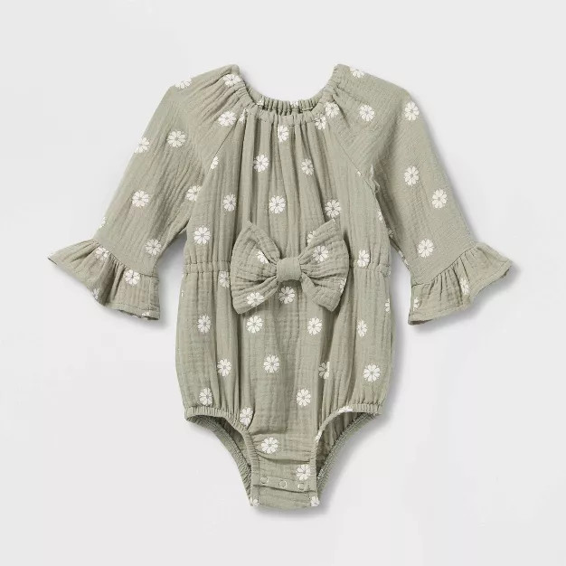 Grayson Collective Baby Girls' Woven Bow Bubble Romper - Sage Green | Target