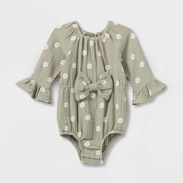 Grayson Collective Baby Girls' Daisy Woven Bow Bubble Romper - Sage Green | Target