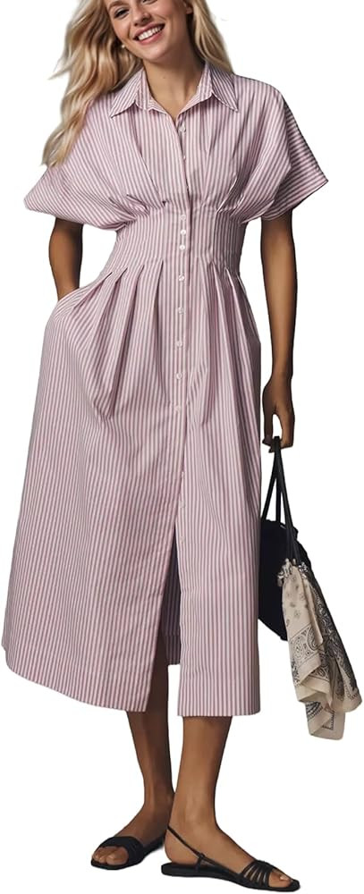 Women Striped Button Down Pleated Shirt Dress Summer Short Sleeve Ruffle A Line Swing Long Blouse... | Amazon (US)