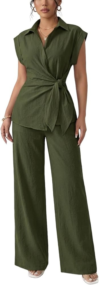 Women's Going Out Two Piece Sets Cap Sleeve Tie Waist Button Down Shirt Wide Leg Pants Dressy Cas... | Amazon (US)