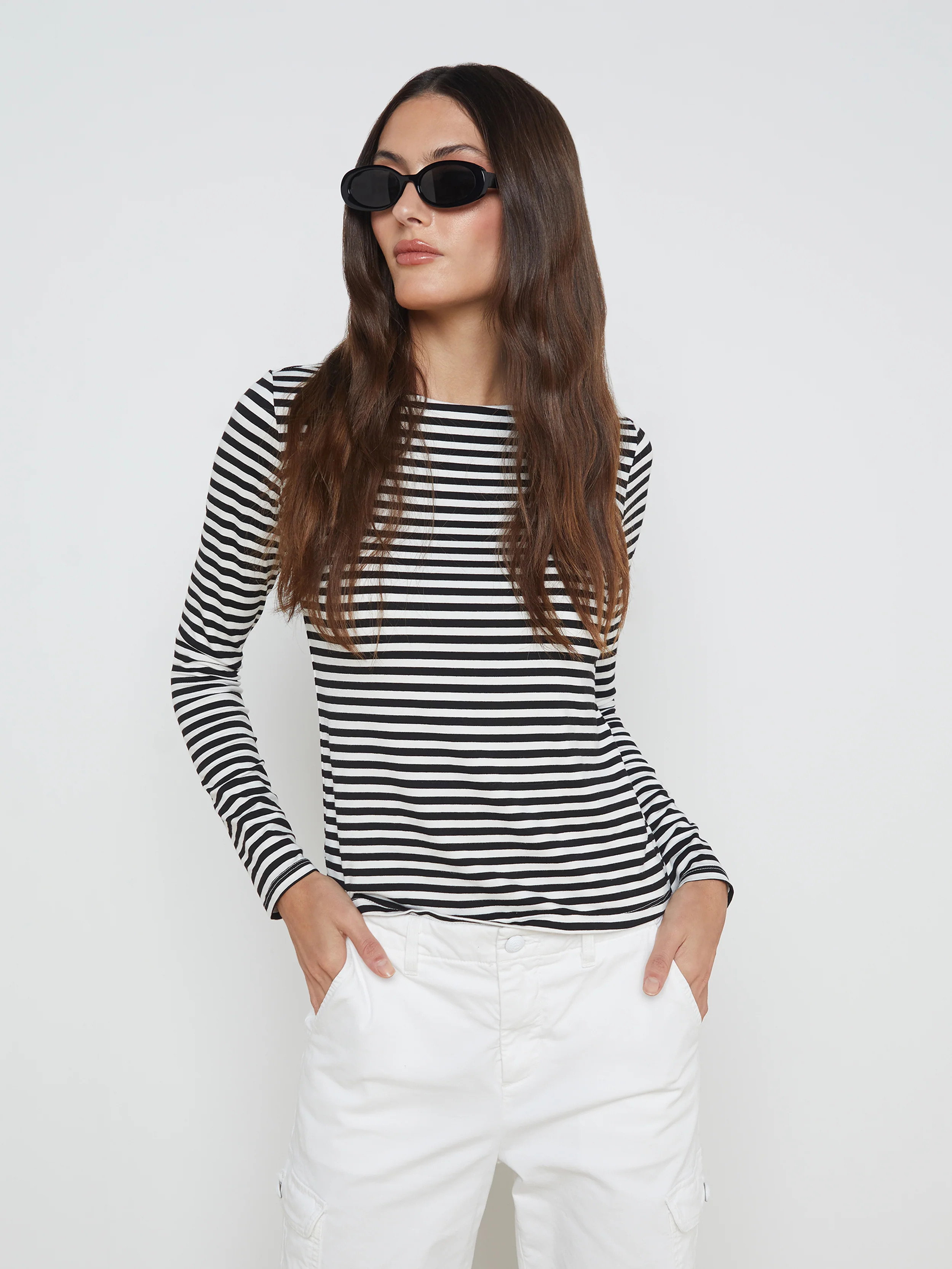 L'AGENCE - Tess Long Sleeve Tee in Black/White Stripe | L'Agence