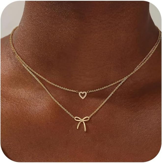 Caffordo Gold Bow Heart Necklace for Women - Dainty Bow Necklaces Cute 14K Gold Plated/Sterling S... | Amazon (US)
