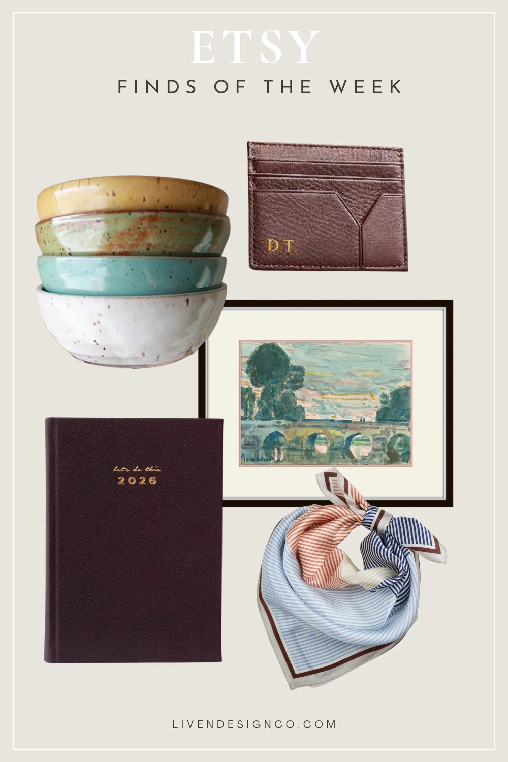 Etsy finds. Handmade pottery. Stoneware dinnerware. Bowls. Leather id case wallet. Wall art. Vintage landscape European painting. Planner. Satin silk scarf

#LTKSeasonal #LTKHome #LTKSaleAlert