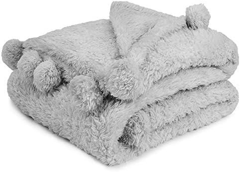 PAVILIA Light Gray Sherpa Throw Blanket for Couch, Pom Pom | Fluffy Plush Soft Blanket for Sofa Bed  | Amazon (US)