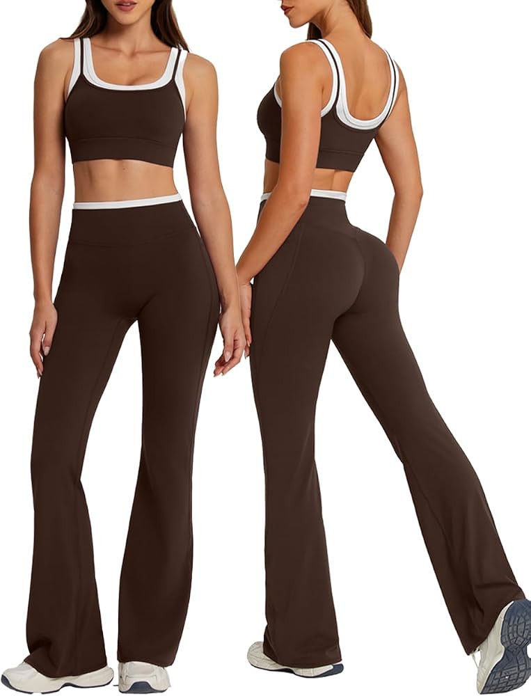 OMKAGI Layered Workout Sets for Women Flare Leggings U Back Pilates Outfits | Amazon (US)