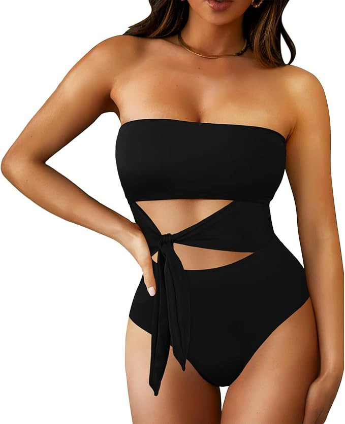 Pink Queen Women Bandeau One Piece Swimsuit Removable Strap Cutout Tie High Waist Bathing Suit Mo... | Amazon (US)