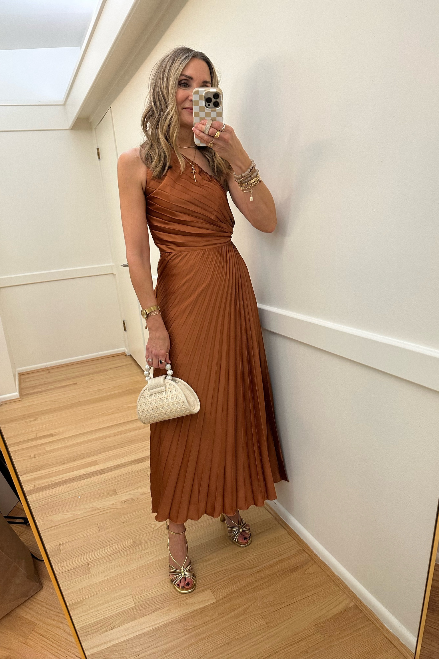 Fall wedding guest dress! Pleated one shoulder midi dress, metallic heels. Abercrombie, Anthropologie, soli and sun bag  

#LTKwedding #LTKover40 #LTKstyletip